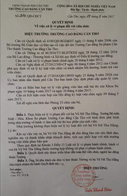 Quyết định xử lý vi phạm của bà Hằng do hiệu trưởng Trần Thanh Liêm ký ngày 17/5/2017.