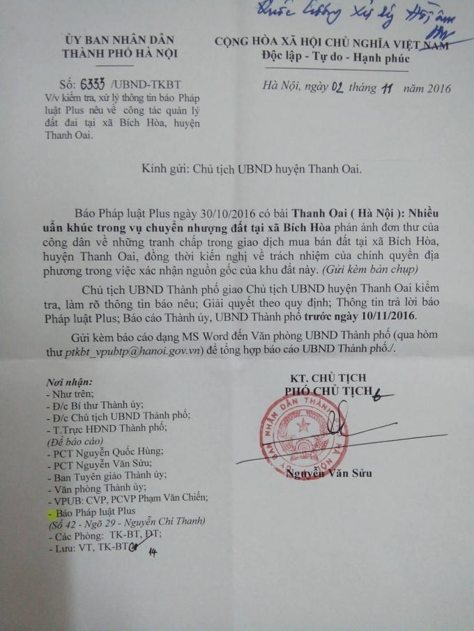 Công văn của UBND Thành phố Hà Nội yêu cầu UBND huyện Thanh Oai làm rõ sự việc.