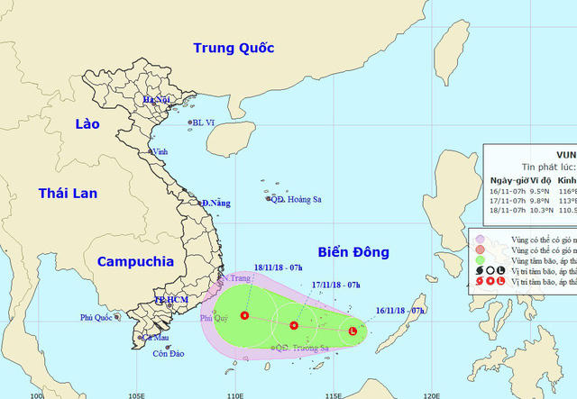 Vùng áp thấp trên Biển Đông. (Ảnh: NCHMF).
