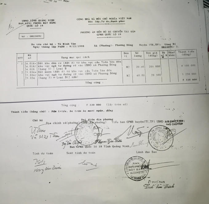 Phương án đền bù của UBND tỉnh Quảng Ninh ngày 09/12/1998 xác định đất của  ông Vũ Minh Tâm – Khu II phường Phương Đông, TP Uông Bí là đất ở, nhưng đên nay UBND TP Uông Bí lại xác định là đất trồng cây lâu năm.