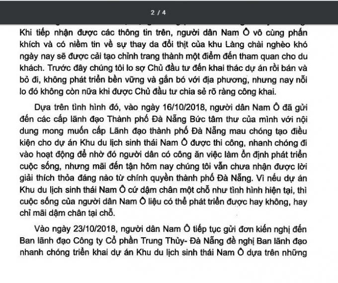 Nội dung bức tâm thư của người dân Nam Ô liên quan việc triển khai dự án chậm chạp.