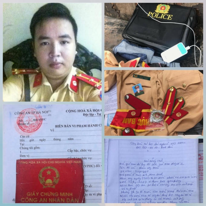 Phạm Công Đoàn trong quân phục CSGT và tang vật thu giữ tại cơ quan công an. Ảnh: CA cung cấp.