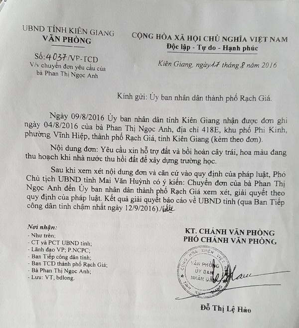 Văn bản chỉ đạo của UBND tỉnh gửi TP Rạch Giá giải quyết đơn của bà Anh.