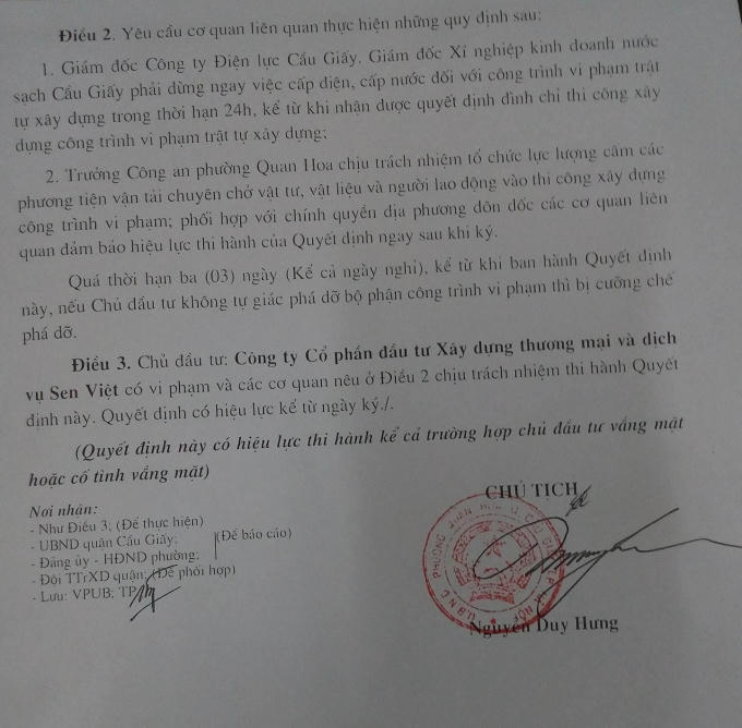 Quyết định đình chỉ thi công công trình khách sạn Sen.