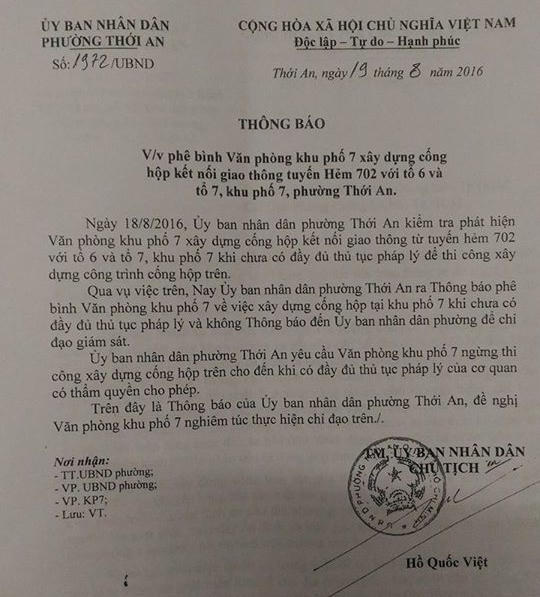 UBND phường phê bình khu phố 7 vì tự ý xây dựng cống hộp?