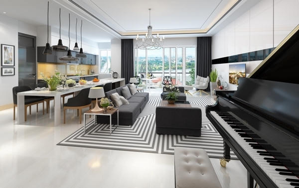 Ph&ograve;ng kh&aacute;ch thiết kế rộng tho&aacute;ng, hiện đại với cửa k&iacute;nh khổ lớn v&agrave; nội thất ch&acirc;u &Acirc;u.