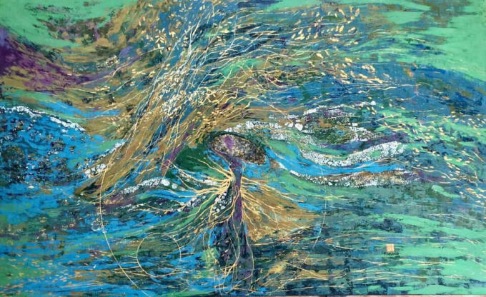 Tác phẩm sơn mài “ Dòng sông Quan họ”- Giải C Giải thưởng Mỹ thuật Bắc Ninh.