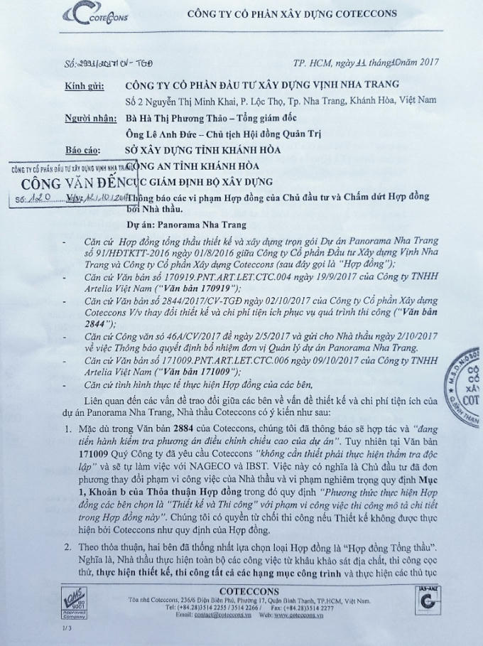 Kỳ 1- Tranh chấp tại Dự án Panorama Nha Trang: Có hay không việc chủ đầu tư nâng tầng khiến nhà thầu chấm dứt hợp đồng?