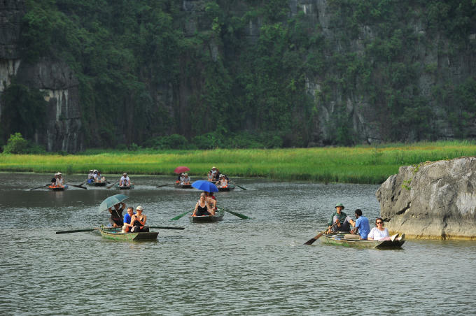 Đi Tam Cốc mùa này, dù ngồi thuyền hay đi dạo trên bộ, bạn sẽ như lạc vào những thảm sắc màu khi nhìn qua những cánh đồng lúa xanh xen lẫn lúa chín vàng