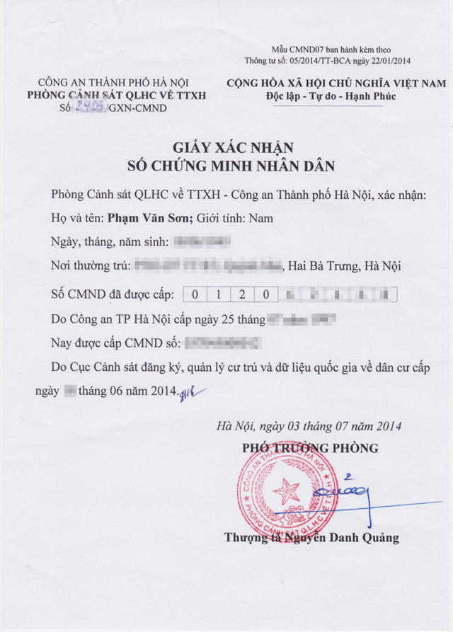 Mẫu giấy xác nhận số CMND (Ảnh minh hoạ).