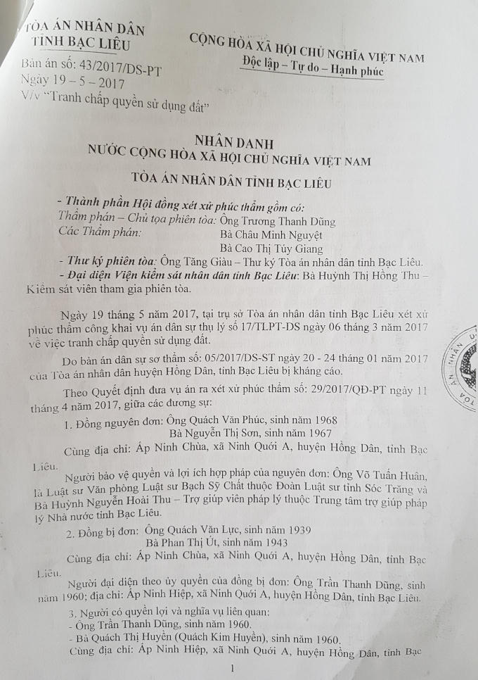 Bản án phúc thẩm ngày 19/5/2017 của TAND tỉnh Bạc Liêu.