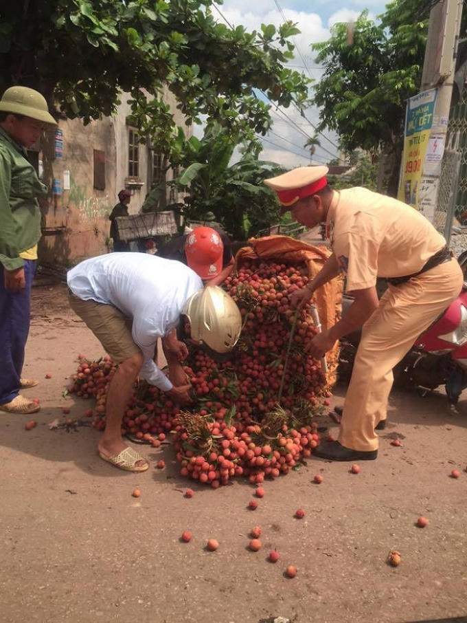 Hình ảnh đẹp về anh CSGT giúp đỡ người dân trong mùa vải thiều.