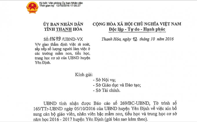 Một trong số những văn bản UBDN tỉnh Thanh Hóa đã gửi UBND huyện Yên Định, yêu cầu rà soát, sắp xếp giáo viên ở các bậc học của huyện.