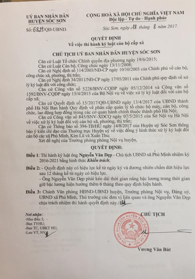 Quyết định thi hành kỷ luật ông Nguyễn Văn Dẹp.