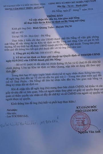 Thông báo của Trung tâm khai thác Quỹ đất TP Đà Nẵng khiến hơn chục hộ dân lâm vào cảnh màn trời chiếu đất.
