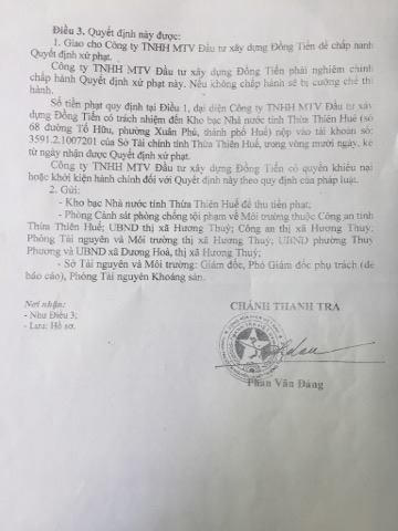 Quyết định xử phạt do thanh tra Sở Tài nguyên và Môi trường tỉnh Thừa Thiên Huế cung cấp cho Pháp luật Plus.