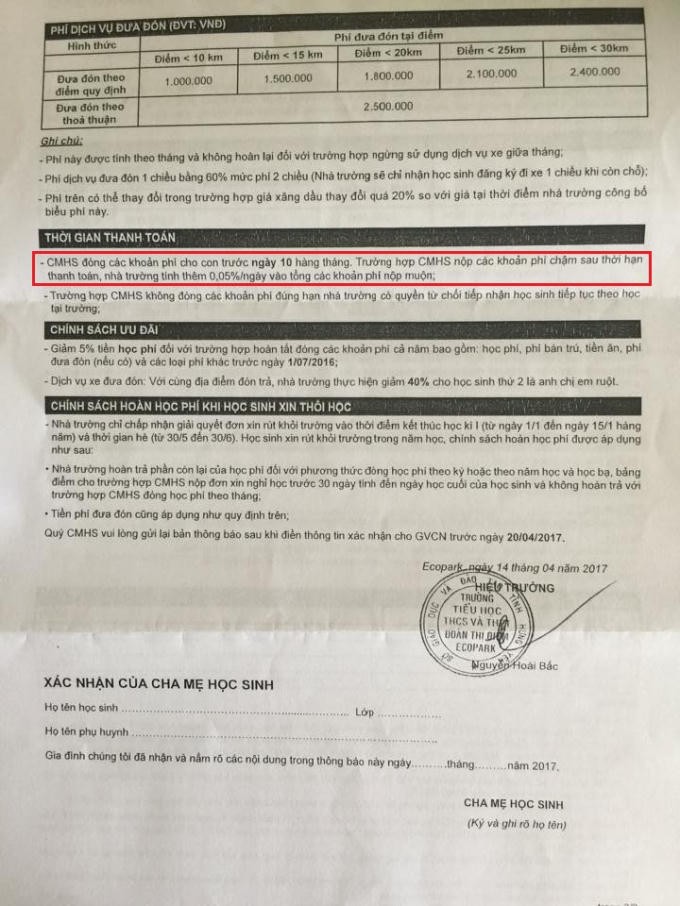Nếu phụ huynh nộp các khoản phí chậm sau thời hạn thanh toán, nhà trường tính thêm 0,05%/ngày vào tổng các khoản phí nộp muộn. Ảnh: phụ huynh cung cấp