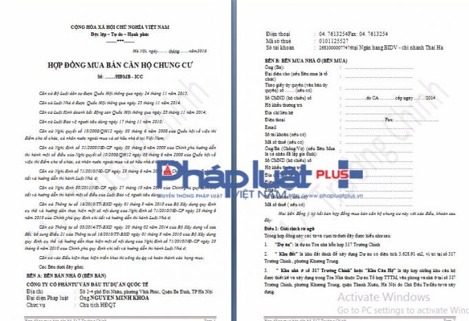 Đây là hợp đồng mua bán (mẫu) căn hộ chung cư 317 Trường Chinh đang bị đình chỉ thi công.