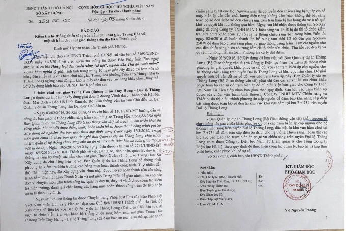 Văn bản phản hồi của sở Xây dựng TP Hà Nội về các bài viết phản ánh hệ thống chiếu sáng tại các hầm trên Đại lộ Thăng Long bị "đắp chiếu".