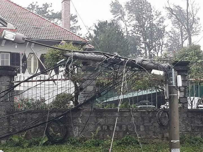 Mưa lớn, gió mạnh quật ngã cây cột điện ở TP Đà Lạt.
