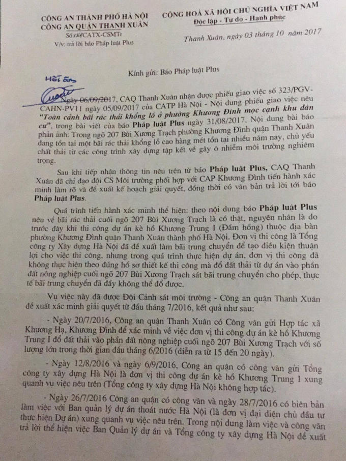 Bãi rác thải khổng lồ ở phường Khương Đình: Công an quận Thanh Xuân phản hồi sau khi Pháp luật Plus đăng tải
