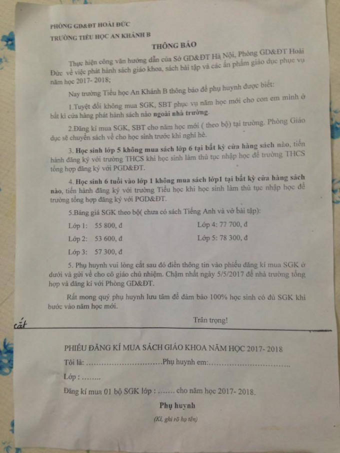 Văn bản gửi đến phụ huynh của trường Tiểu học An Khánh B do bộ phận văn thư sơ suất trong câu chữ?