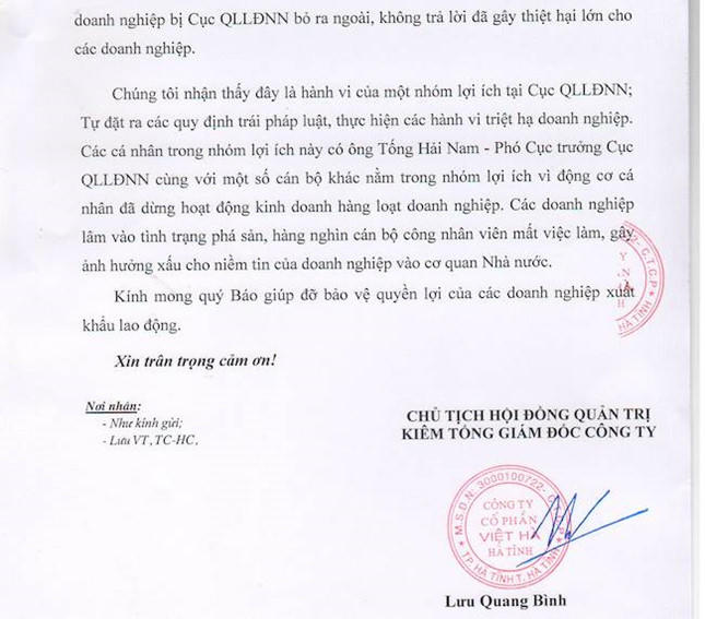 Lãnh đạo Cty Việt Hà tố cáo có lợi ích nhóm tại Cục QLLĐNN?