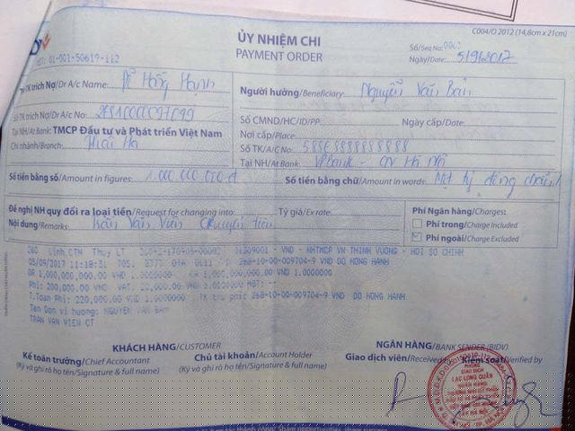 Một uỷ nhiệm chi tiền tỷ được gửi tới cán bộ Tổng cục Biển và Hải đảo Việt Nam (Ảnh: BVPL).