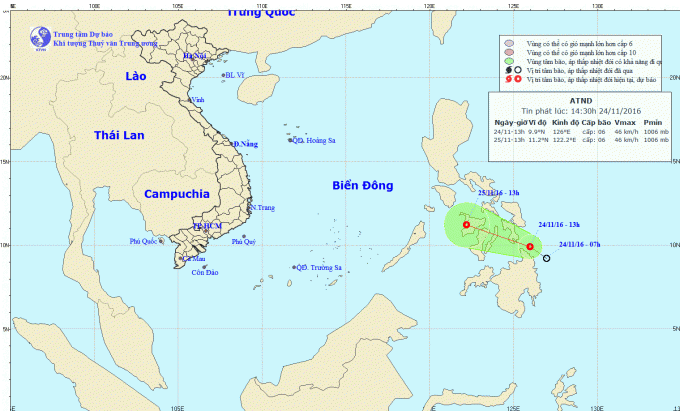 Bản đồ vị trí áp thấp nhiệt đới trên biển Đông.