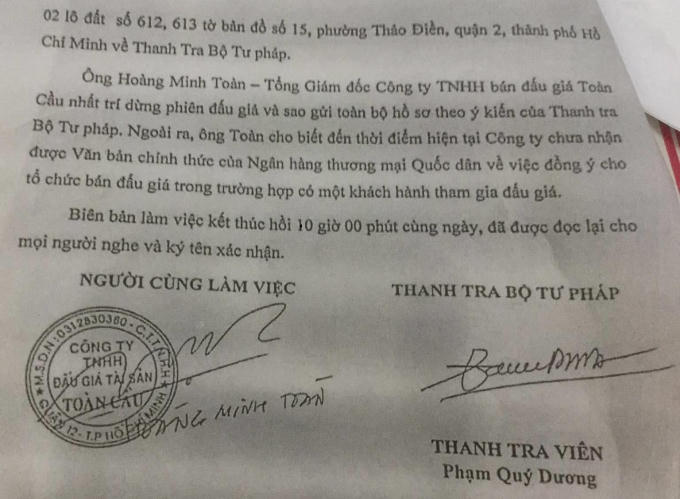 Thanh tra Bộ Tư pháp yêu cầu trong khi xem xét giải quyết khiếu nại của Công ty Yên Khánh, Công ty Toàn Cầu dừng phiên đấu giá và sao gửi toàn bộ hồ sơ liên quan vụ việc cho Thanh tra bộ.