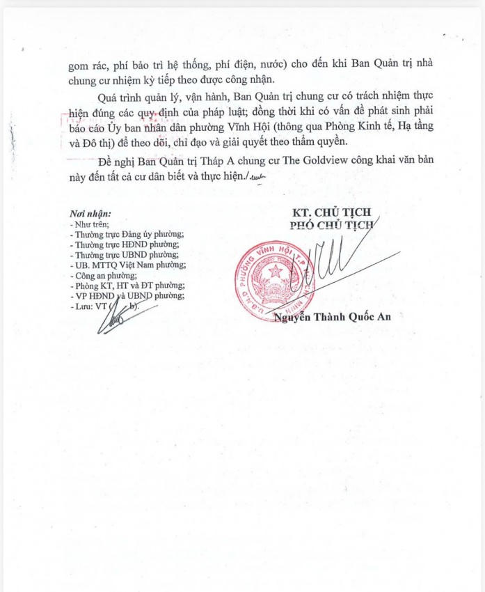 Văn bản mới ban hành của UBND Phường Vĩnh Hội gửi Ban Quản trị và đề nghị Ban Quản trị tiếp tục vận hành và quản lý khi có Ban Quản trị mới.