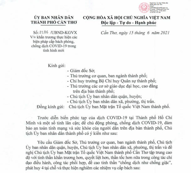 Công văn 2186 của UBND TP Cần Thơ