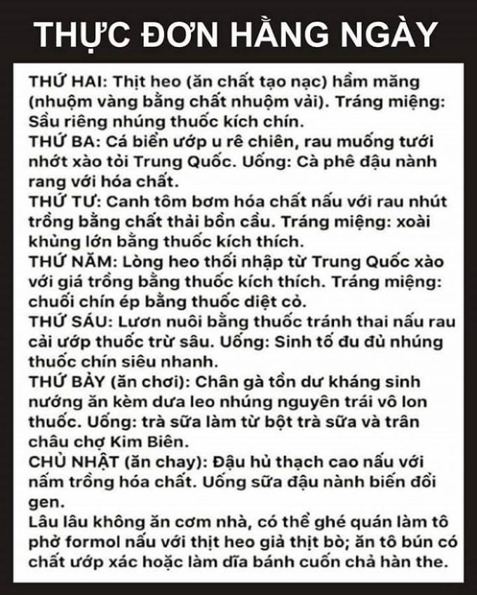 Thực đơn “siêu bẩn”. (Ảnh: FB).