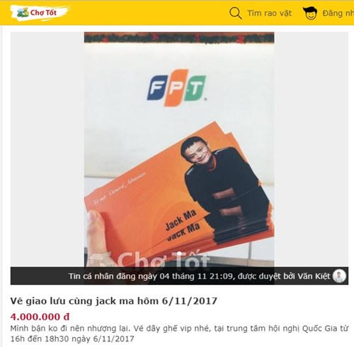 Vé mời buổi trò chuyện cùng Jack Ma được rao bán với gái 4 triệu đồng. Ảnh chụp màn hình.