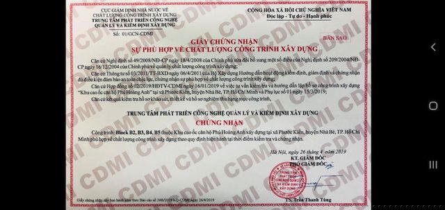 Chứng nhận đản bảo về chất lượng công trình của Chung cư The Park Residence
