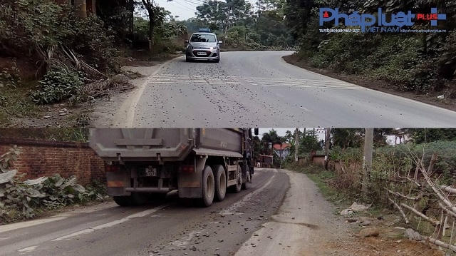 Đất đá vương vãi khắp nơi trên đường.