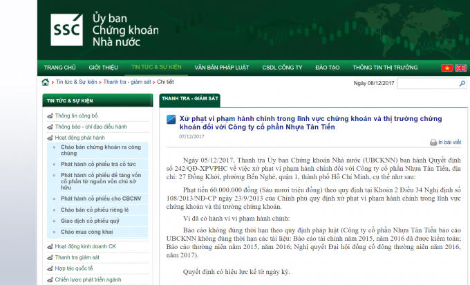 Thông báo xử phạt của UBCKNN đối với Công ty CP Nhựa Tân Tiến