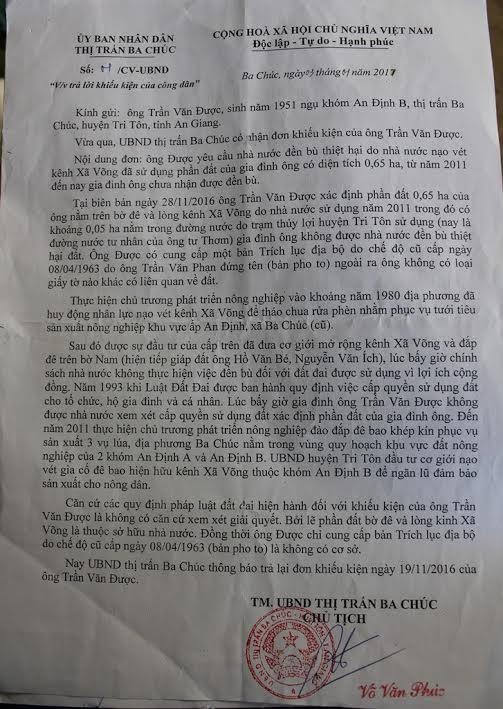 C&ocirc;ng văn trả lời khiếu kiện c&ocirc;ng d&acirc;n của UBND thị trấn Ba Ch&uacute;c l&agrave;