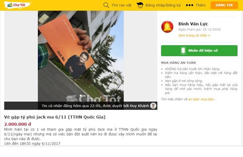 Một số vé mời buổi trò chuyện cùng Jack Ma được với giá 2 triệu đồng/vé. Ảnh chụp màn hình.