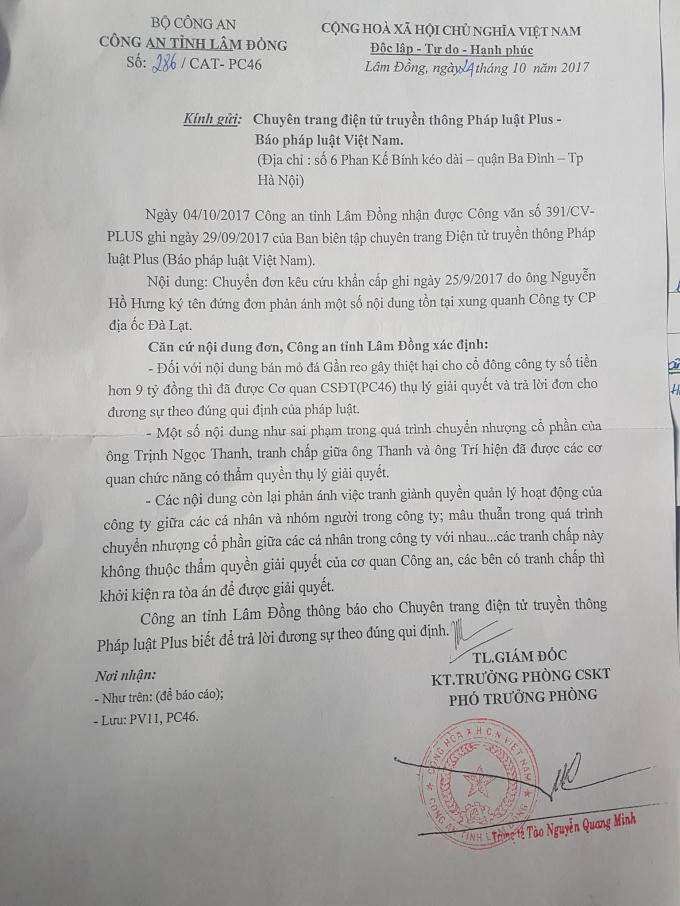 Văn bản của Công an tỉnh Lâm Đồng gửi tới Pháp luật Plus liên quan đến vụ việc tại  Công ty CP địa ốc Đà Lạt.