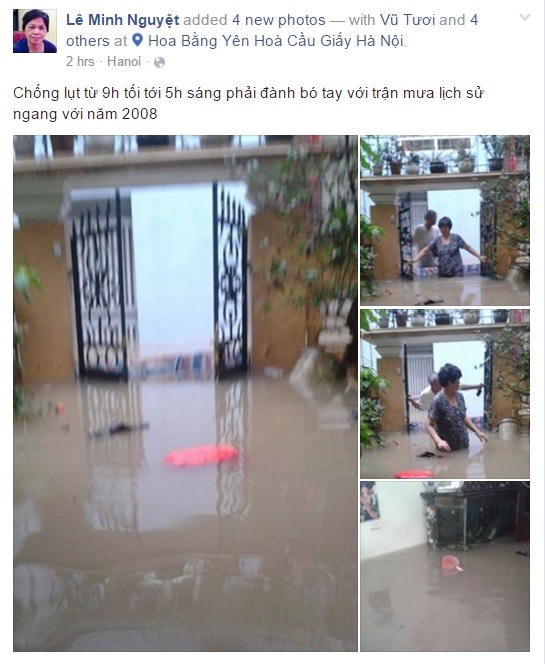 Facebooker Lê Minh Nguyệt chia sẻ về công tác chống lụt của gia đình từ 21h tới 5h sáng.