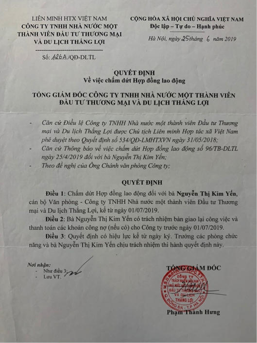 Quyết định trái pháp luật số 126A/QĐ-DLTL ngày 25/6/2019 về việc chấm dứt Hợp đồng lao động do ông Phạm Thành Hưng - Tổng Giám đốc Công ty Thắng Lợi ký ban hành.