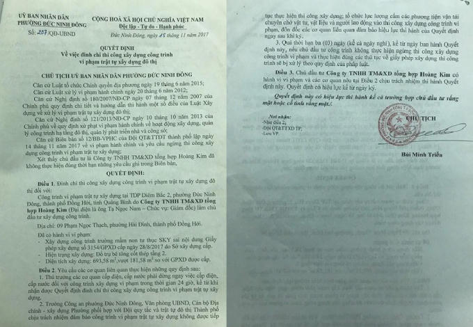 Quyết định đình chỉ thi công của UBND phường Đức Ninh Đông. (Ảnh: Pha Ba)