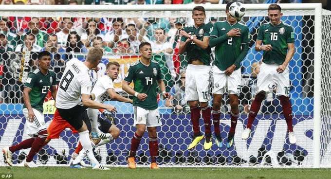 Tuyển Đức ngay lập tức đáp trả bằng cú sút phạt đi trúng xà ngang của Toni Kroos.