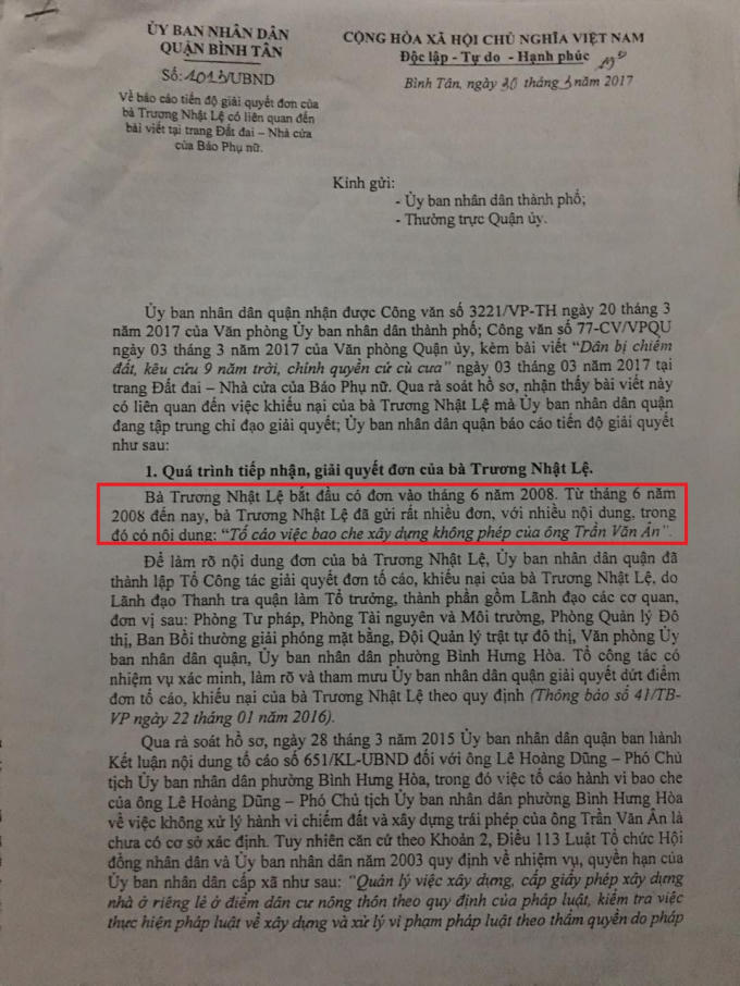 Công văn số 1013/UBND của UBND quận Bình Tân.