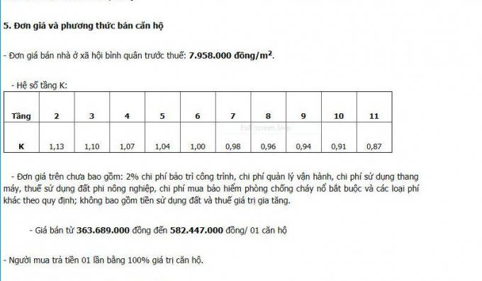 Đơn giá và phương thức bán căn hộ theo thông báo Sở Xây dựng TP Đà Nẵng.