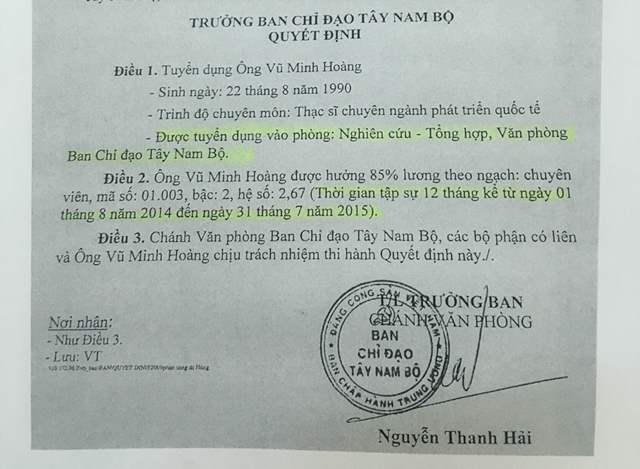 Ông Vũ Minh Hoàng được nhận vào làm chuyên viên tập sự ở Ban chỉ đạo Tây Nam Bộ ngày 4/6/2014