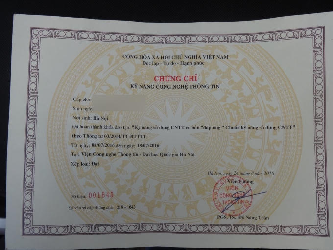 Chứng chỉ tin học đã được cấp.