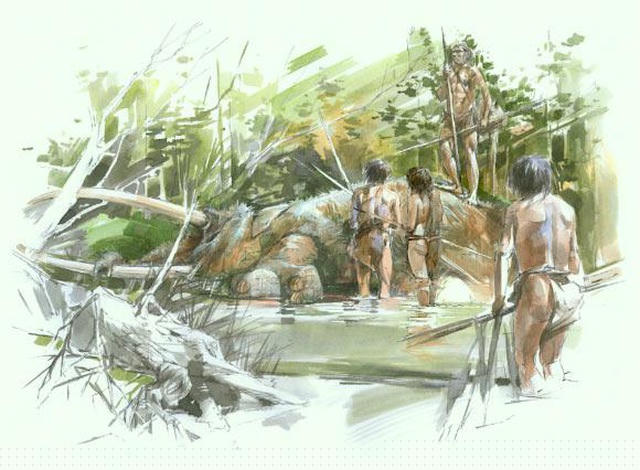 Minh họa khi con người phát hiện ra xác của con voi ngà thẳng ở bờ hồ Schoningen