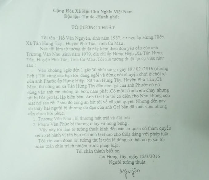 Một trong bốn tường trình của nhân chứng tại hiện trường.